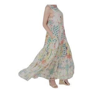 Tolani Yula Mint Floral Green and Pink Maxi Dress Pleated Tiered Resort …